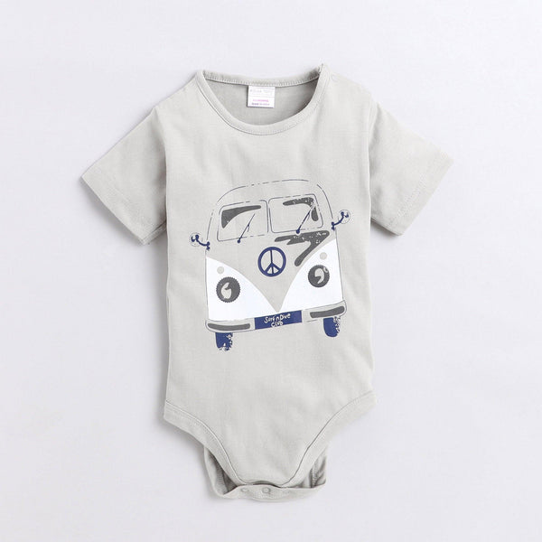 Polka Tots Half Sleeve Rompers Onesie Antibacterial Fabric Bus Grey