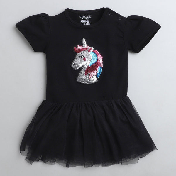 Polka Tots Half Sleeve Romper Onesie Sequence Unicorn Head - Black