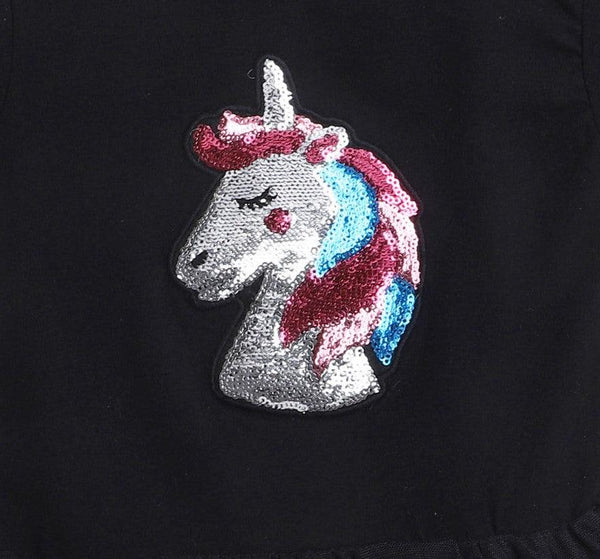 Polka Tots Half Sleeve Romper Onesie Sequence Unicorn Head - Black