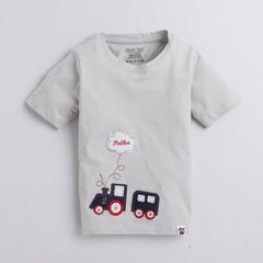 Polka Tots Half Sleeve T-shirt 100% Cotton Antibacterial Fabric Train Grey