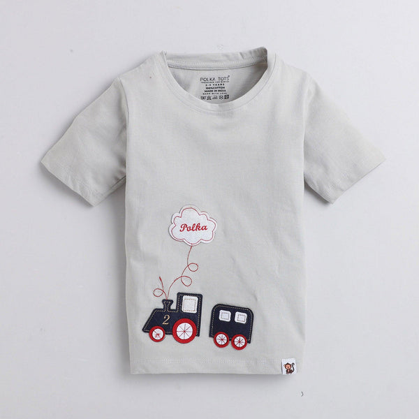 Polka Tots Half Sleeve T-shirt 100% Cotton Antibacterial Fabric Train Grey
