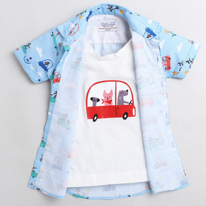Polka Tots animal print car tshirt shirt - sky blue
