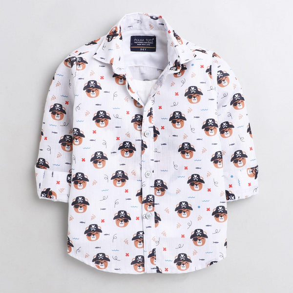 Polka Tots Full Sleeve Pirate Print Shirt With Attached Tshirt - White