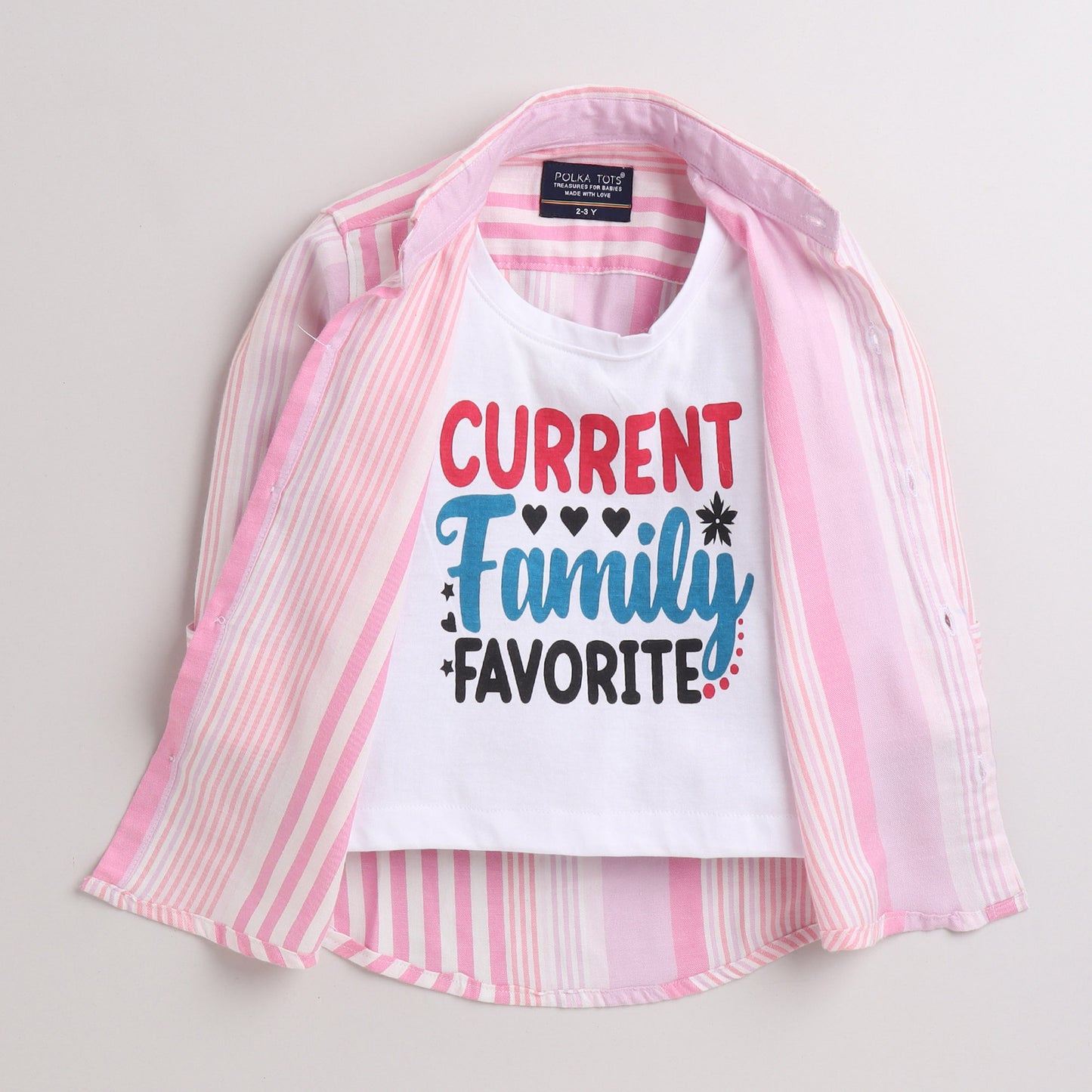 Polka Tots Full Sleeve Shirt With Attached Tshirt Family Favourite Print - Pink