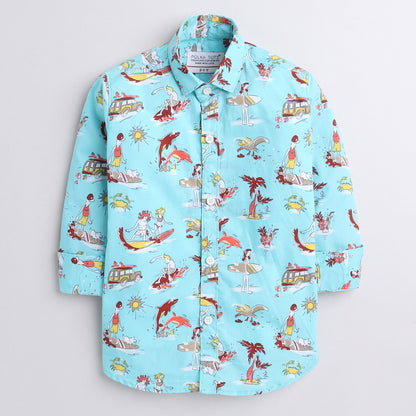 Polka Tots sea print full sleeve shirt with attached tshirt - sky blue