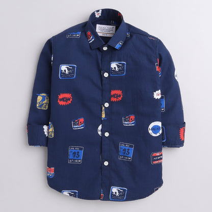 Polka Tots new york print full sleeve shirt with attached tshirt - Navy blue