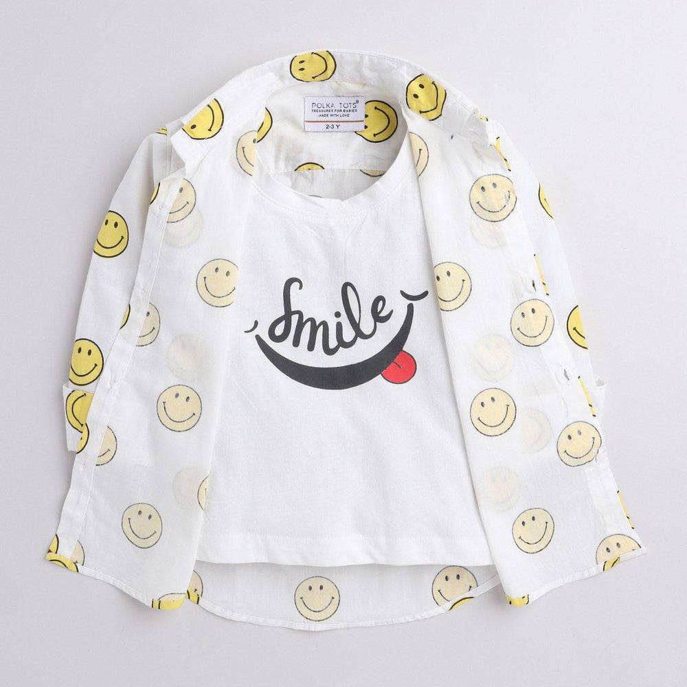 Polka Tots smile print  full sleeve shirt with attached tshirt - White