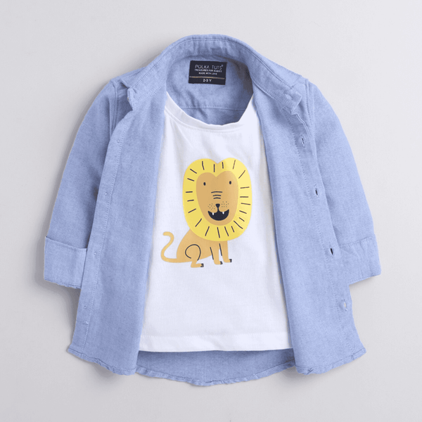 Polka Tots Full Sleeve Kids Shirt With Roar Print And Lion Print Attached Tshirt - Blue