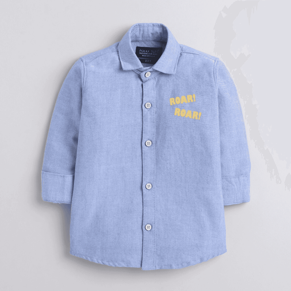 Polka Tots Full Sleeve Kids Shirt With Roar Print And Lion Print Attached Tshirt - Blue