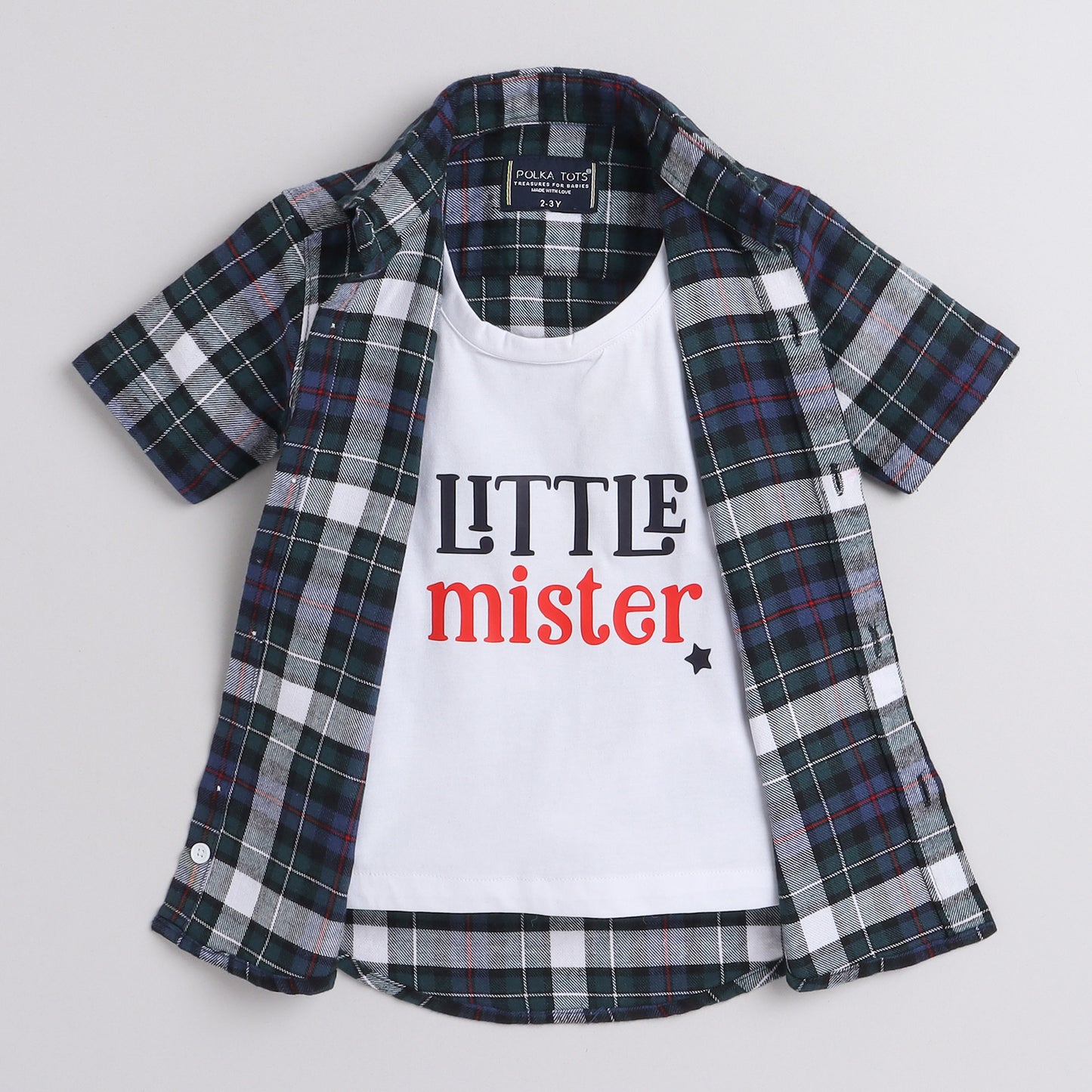 Polka Tots Half Sleeve Checks Shirt Attached T shirt Little Mister Print - Blue