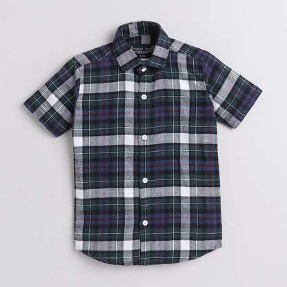 Polka Tots Half Sleeve Checks Shirt Attached T shirt Little Mister Print - Blue