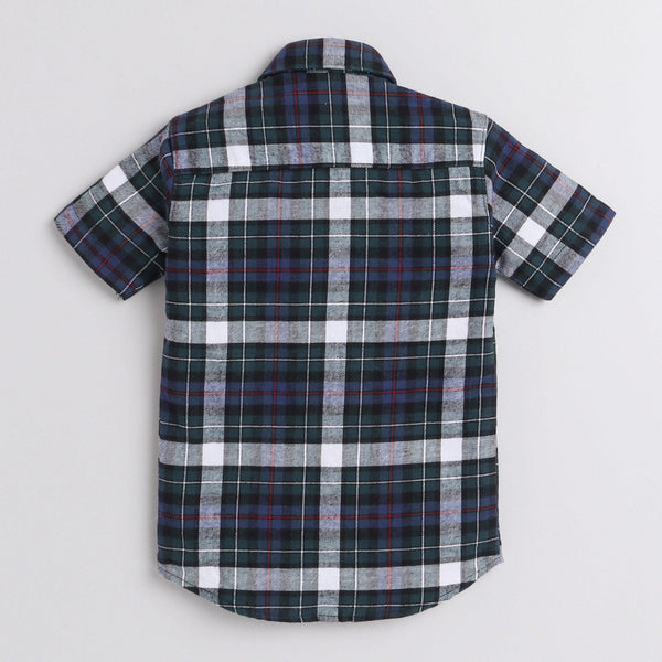 Polka Tots Half Sleeve Checks Shirt Attached T shirt Little Mister Print - Blue