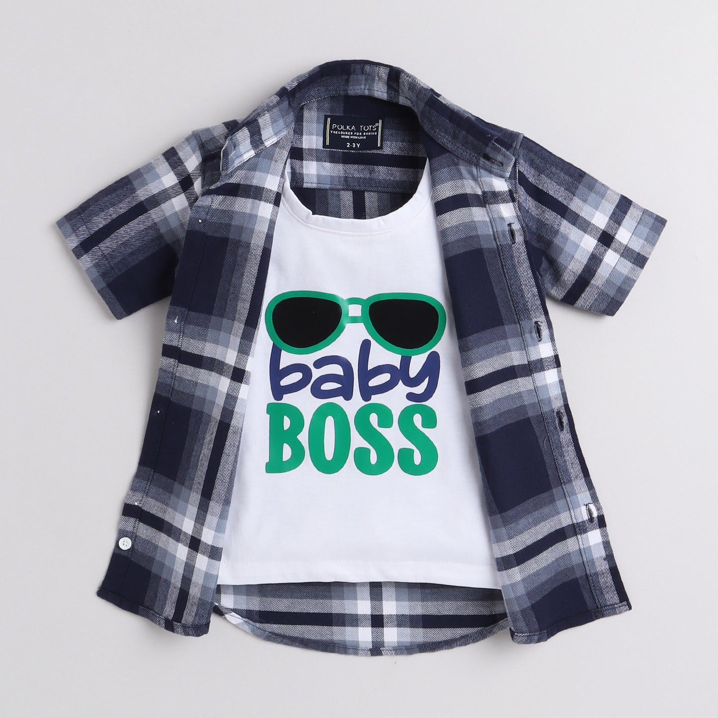 Polka Tots Half Sleeve Checks Shirt Attached T shirt Baby Boss Print - Blue