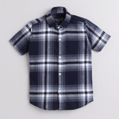 Polka Tots Half Sleeve Checks Shirt Attached T shirt Baby Boss Print - Blue