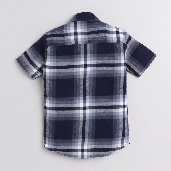 Polka Tots Half Sleeve Checks Shirt Attached T shirt Baby Boss Print - Blue