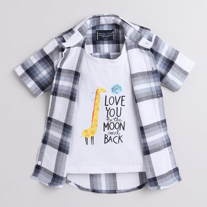 Polka Tots Half Sleeve Checks Shirt Attached T shirt Love You To Moon Print - White