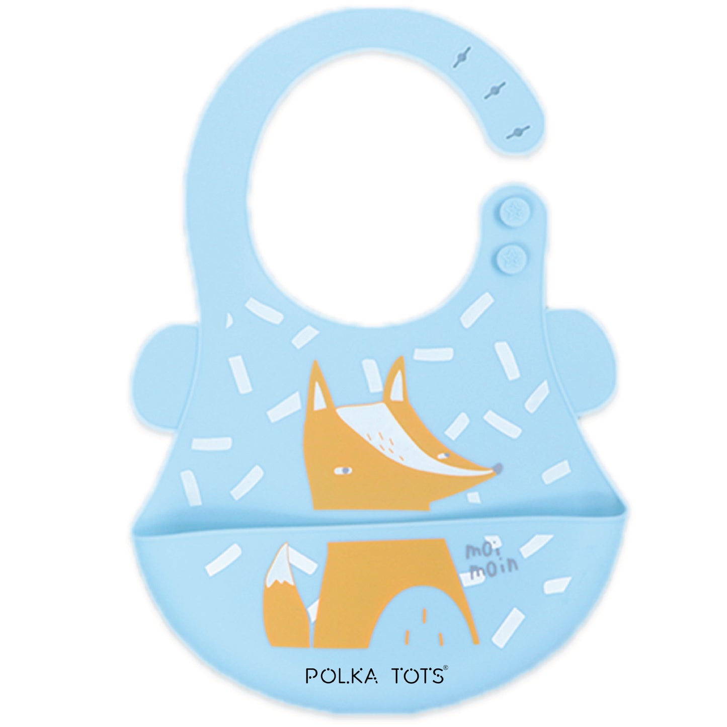 Polka Tots Waterproof Silicone Bibs with Pocket and Adjustable Snaps (Blue Fox)