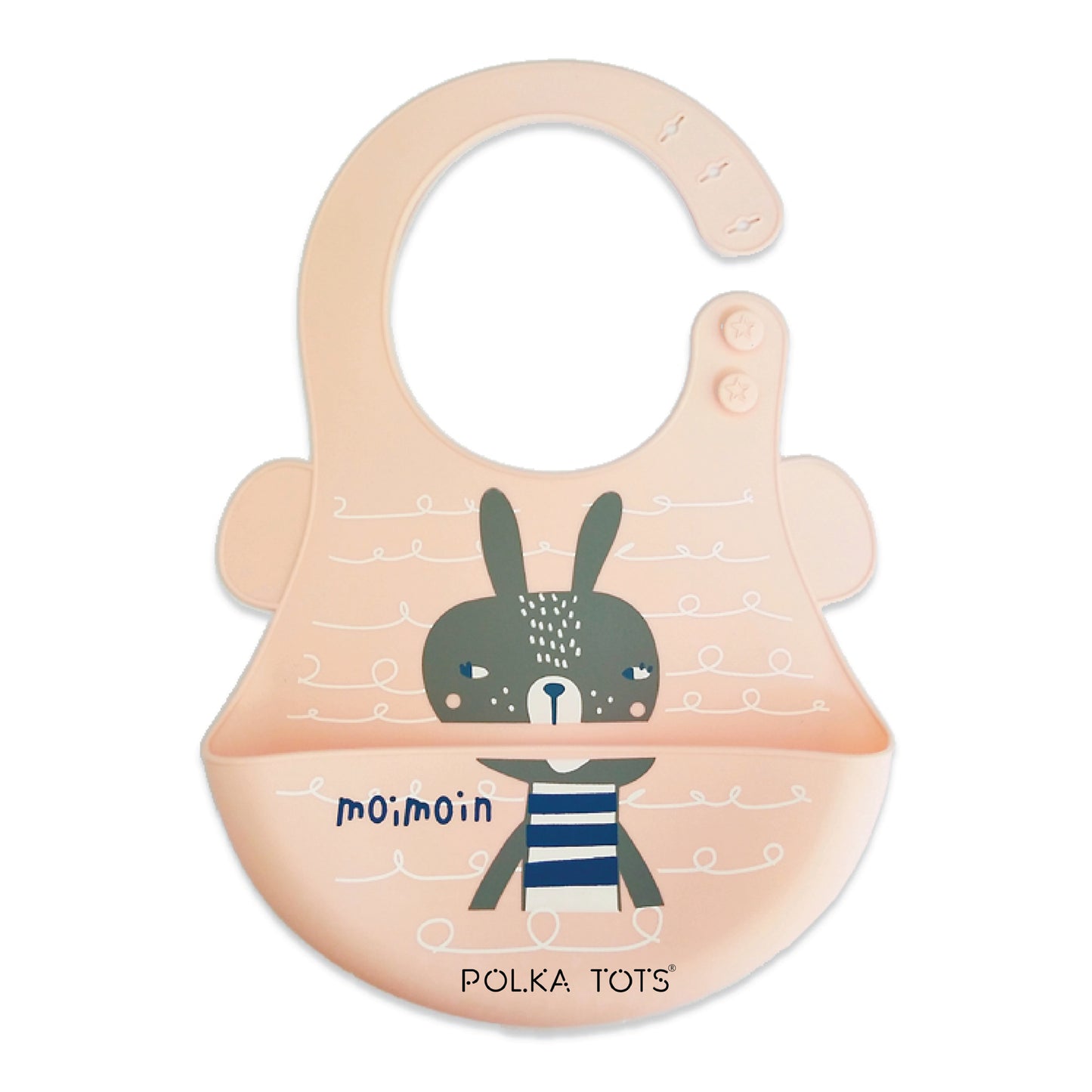 Polka Tots Waterproof Silicone Bibs with Pocket and Adjustable Snaps (Peach Bunny)