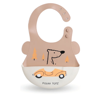 Polka Tots Waterproof Silicone Bibs with Pocket and Adjustable Snaps (Orange Car)