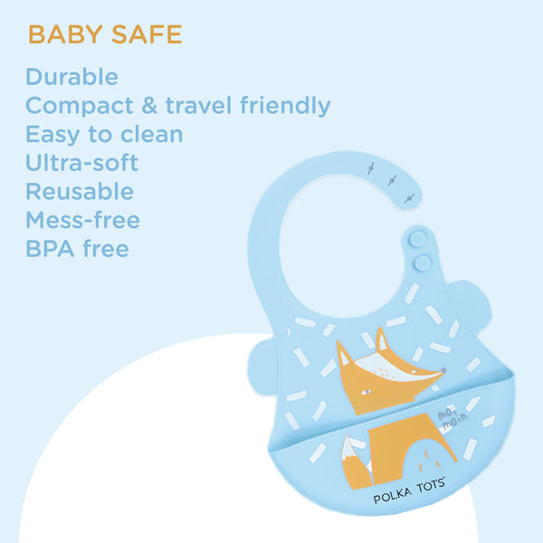 Polka Tots Waterproof Silicone Bibs with Pocket and Adjustable Snaps (Blue Fox)