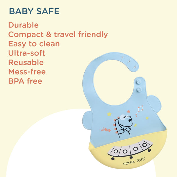 Polka Tots Waterproof Silicone Bibs with Pocket and Adjustable Snaps (Spaceship)
