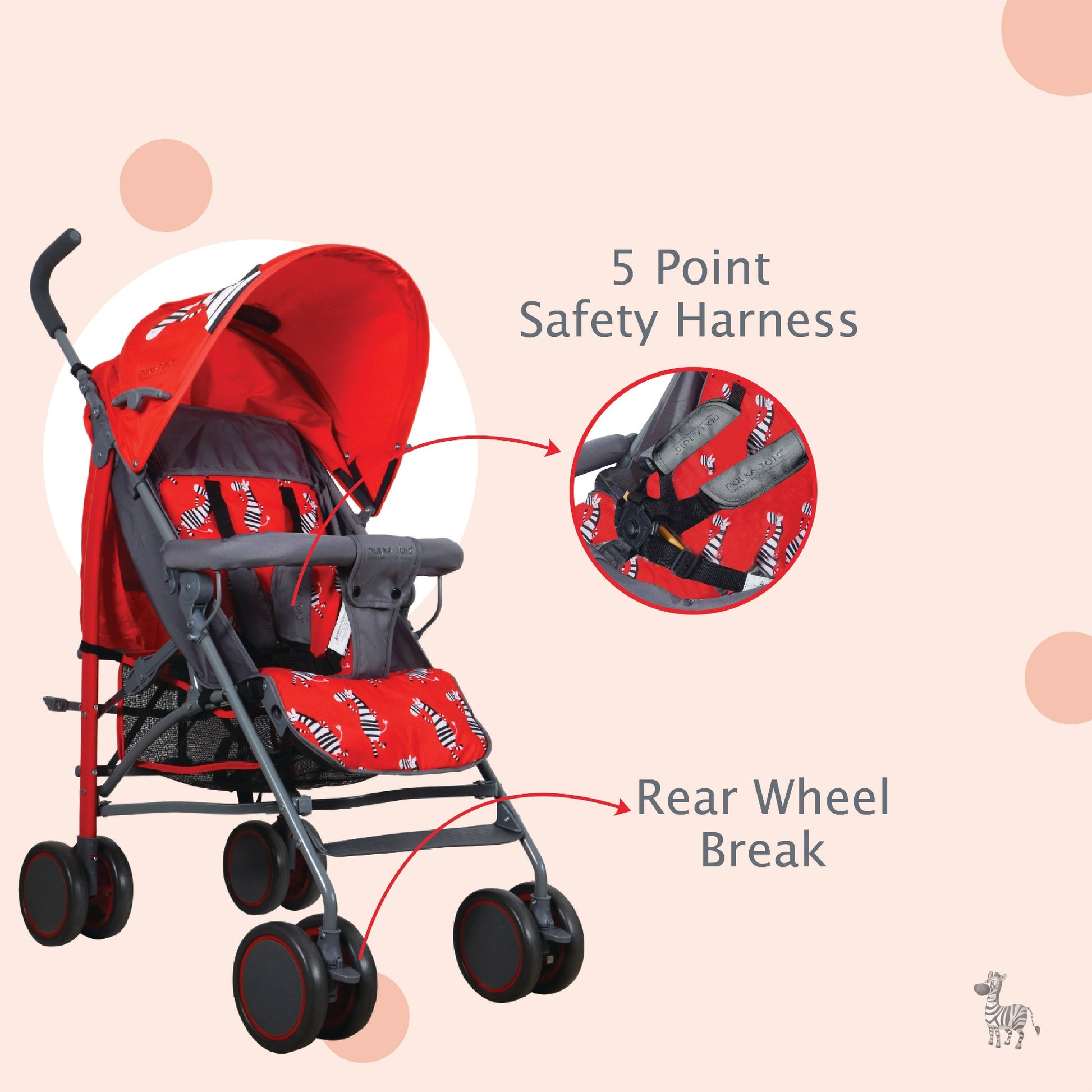 Safety harness & rear wheel red stroller polka tots