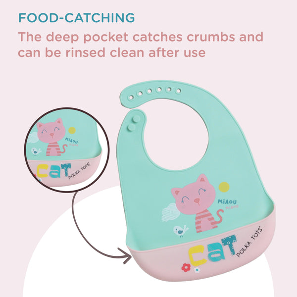 Polka Tots Waterproof Silicone Bibs with Pocket and Adjustable Snaps (Green Cat)