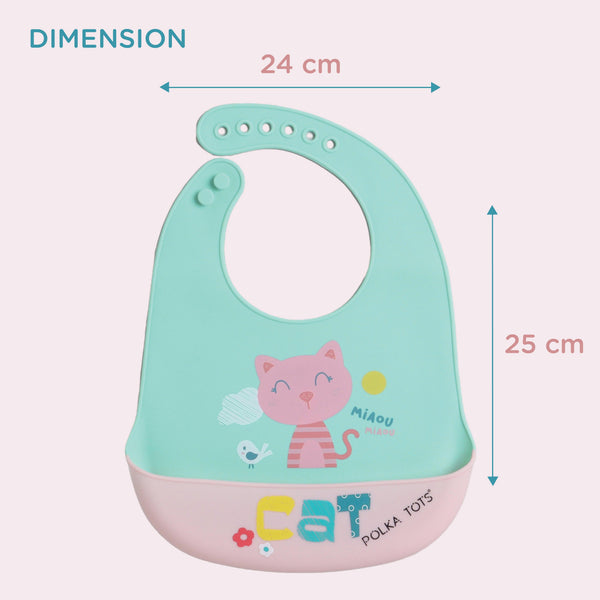 Polka Tots Waterproof Silicone Bibs with Pocket and Adjustable Snaps (Green Cat)