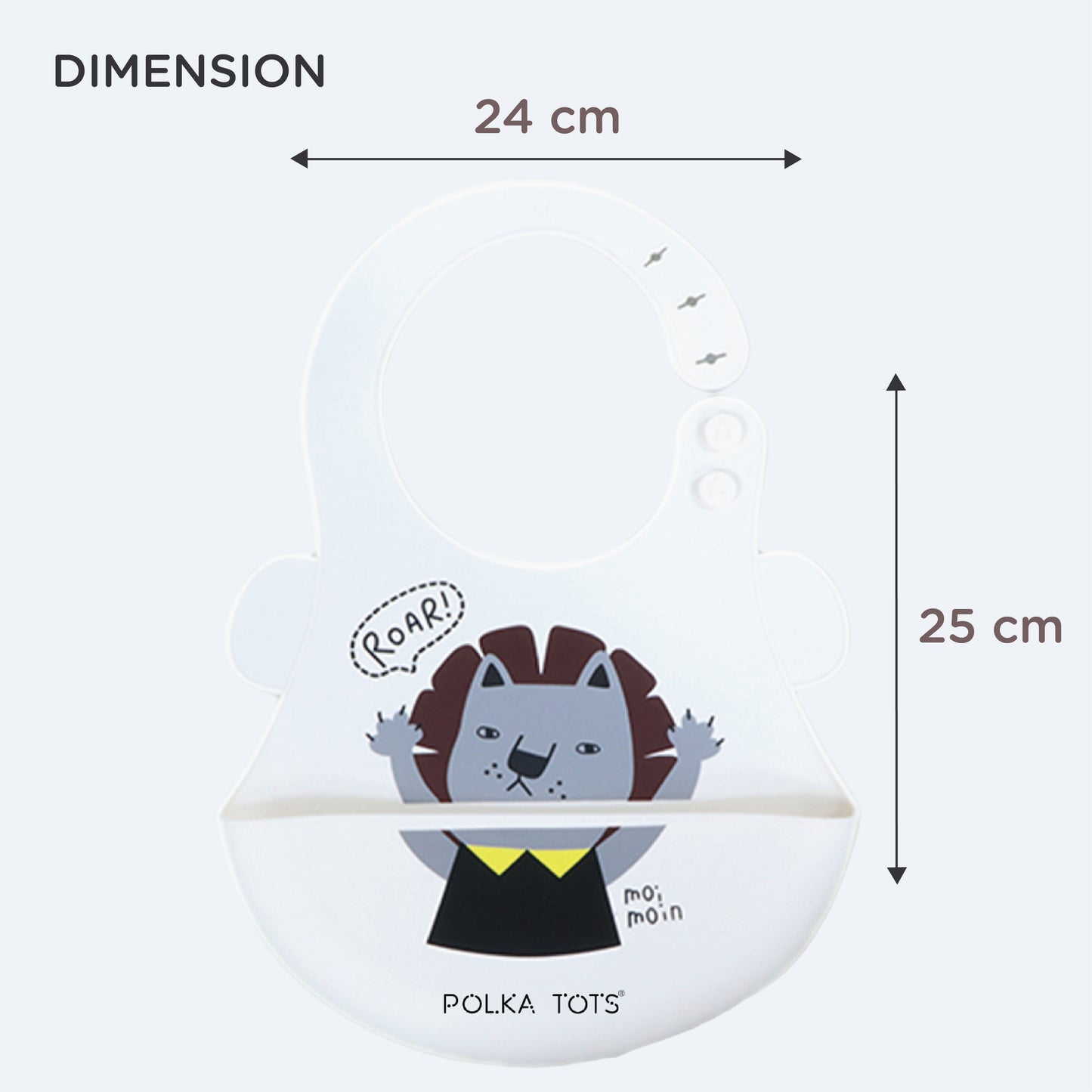 Polka Tots Waterproof Silicone Bibs with Pocket and Adjustable Snaps (White Lion)