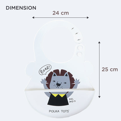 Polka Tots Waterproof Silicone Bibs with Pocket and Adjustable Snaps (White Lion)