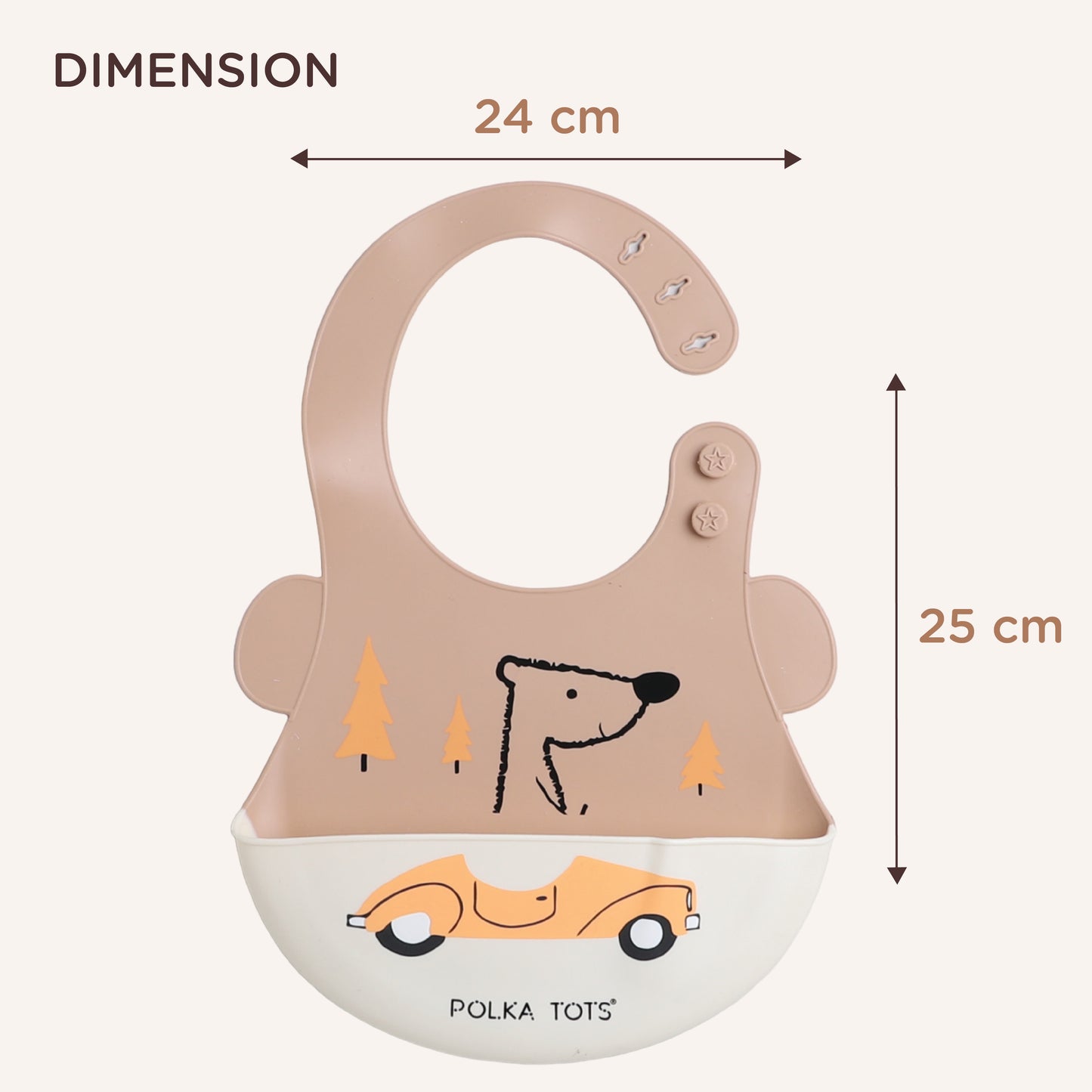 Polka Tots Waterproof Silicone Bibs with Pocket and Adjustable Snaps (Orange Car)