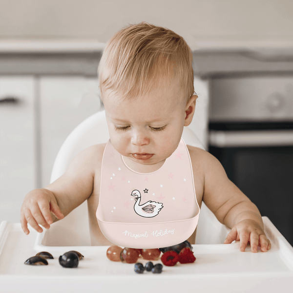 Polka Tots Waterproof Silicone Bibs with Pocket and Adjustable Snaps (Swans Design)