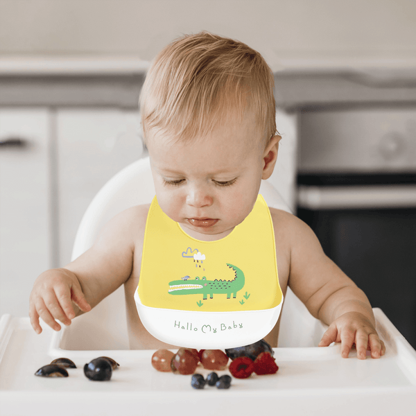 Polka Tots Waterproof Silicone Bibs with  Pocket and Adjustable Snaps (Alligator Design)