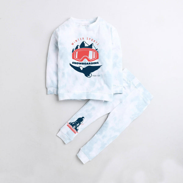 Polka Tots Snowboarding Full sleeve tshirt with lounge pant set - Light blue