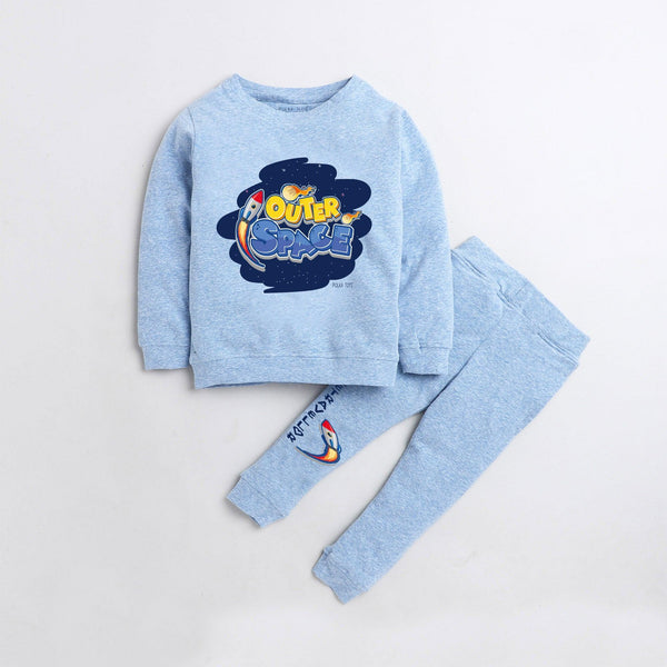 Polka Tots Outer Space Full sleeve tshirt with lounge pant set - Light blue