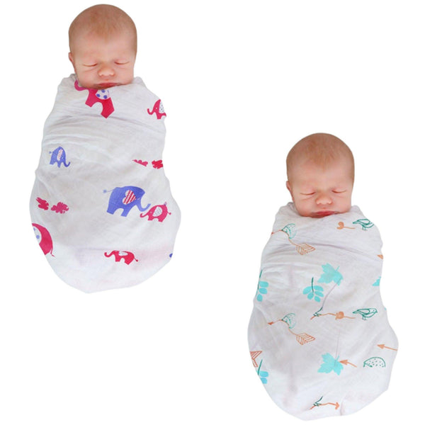 Polka Tots Organic Cotton Swaddle Wrap Elephant & Bird Design Large Size 120 x 120 CM (Pack of 2)