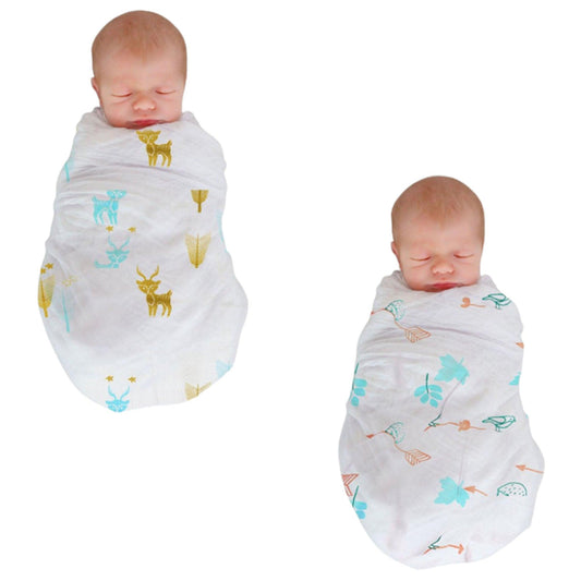 Polka Tots Organic Cotton Swaddle Wrap Reindeer & Bird Design Large Size 120 x 120 CM (Pack of 2)