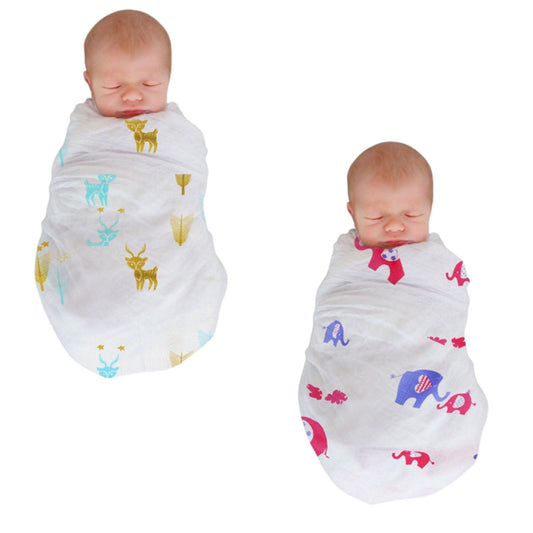 Polka Tots Organic Cotton Swaddle Wrap Reindeer & Elephant Design Large Size 120 x 120 CM (Pack of 2)