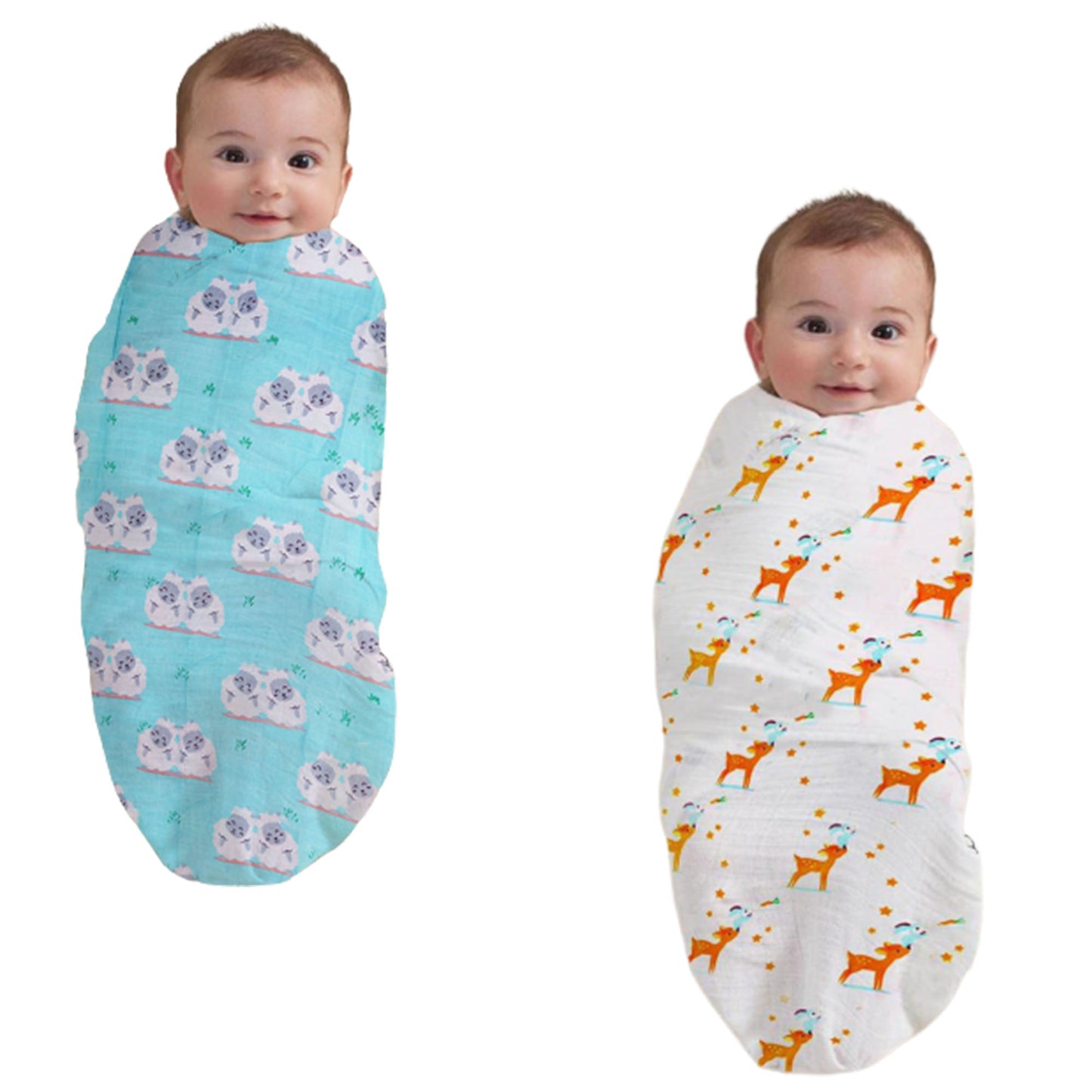 Polka Tots Organic Cotton Swaddle Wrap Sheep & Deer Design Large Size 120 x 120 CM (Pack of 2)