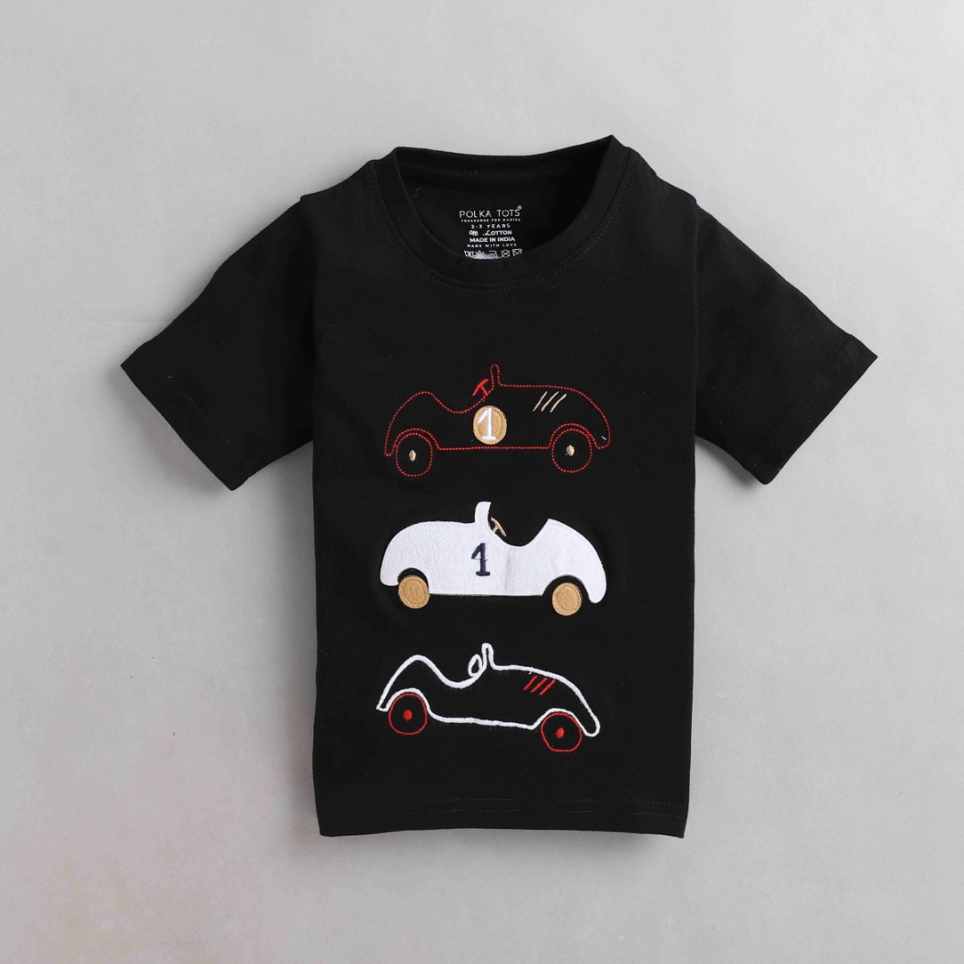 Polka Tots Half Sleeves Car Racing Patch Tshirt - Black