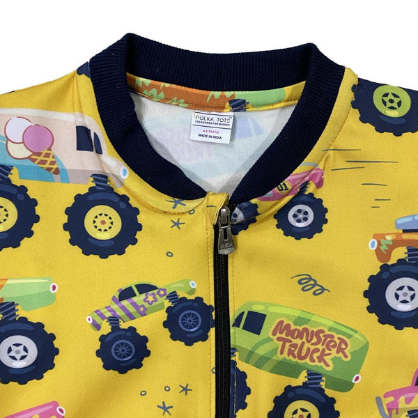 Polka Tots Full Sleeve Car Print Poly Jacket - Yellow