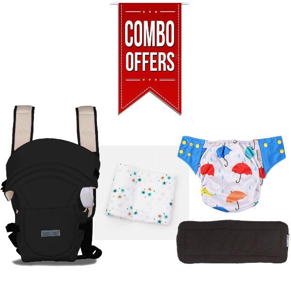 Combo of New Born Muslin Swaddle, Reusable Diapers and Baby carrier