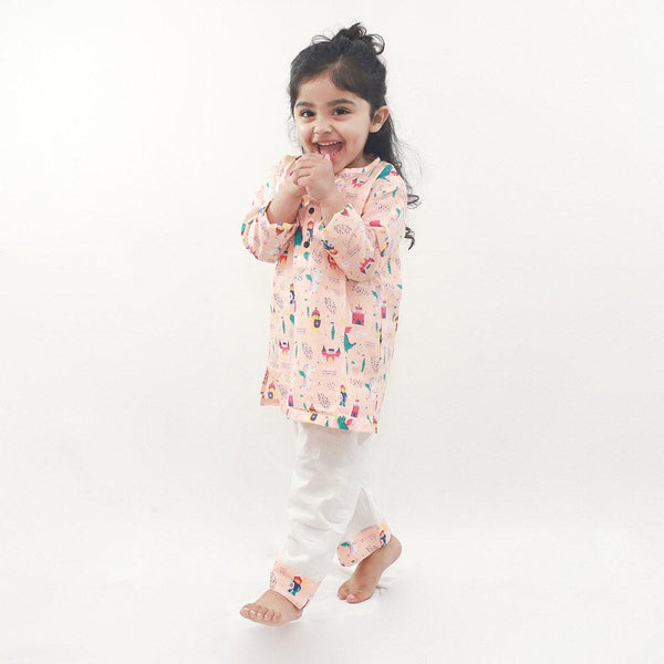 Polka Tots Dinosaur print Full sleeves Nightwear Kurta pyjama set - Orange